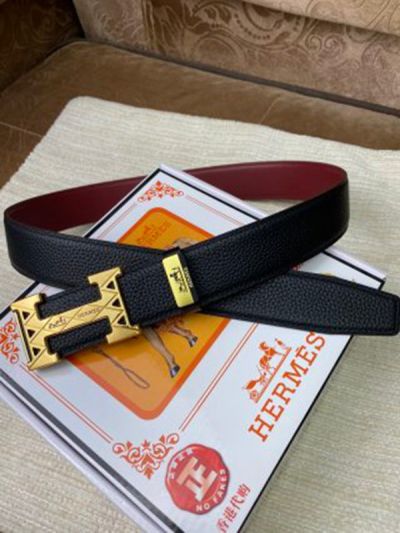 1:1  Hermes  Black Leather Belt  with Gold"H" buckle Buckle with Line Pattern 3.8cm